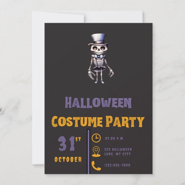 Skeleton in Top Hat Bow Tie Modern Black Halloween Invitation (Front)