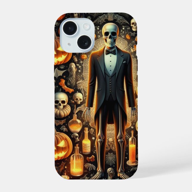 Skeleton in Tuxedo, Pumpkins, Potions iPhone 15 Case (Back)