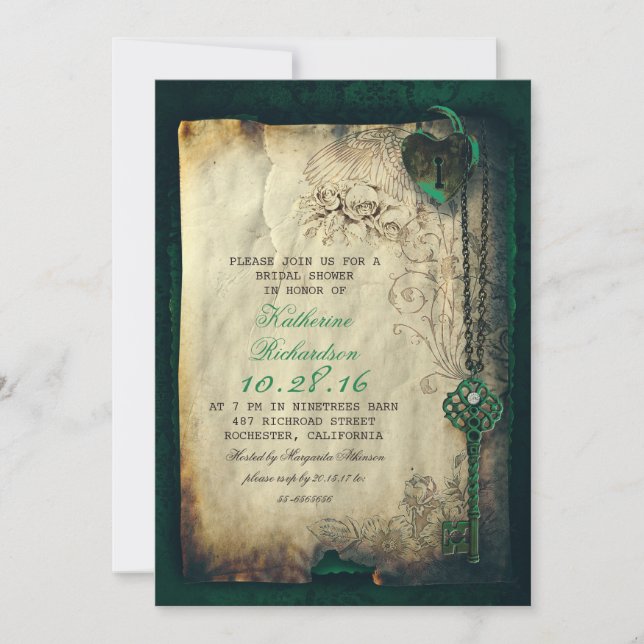 skeleton key heart lock bridal shower invites (Front)