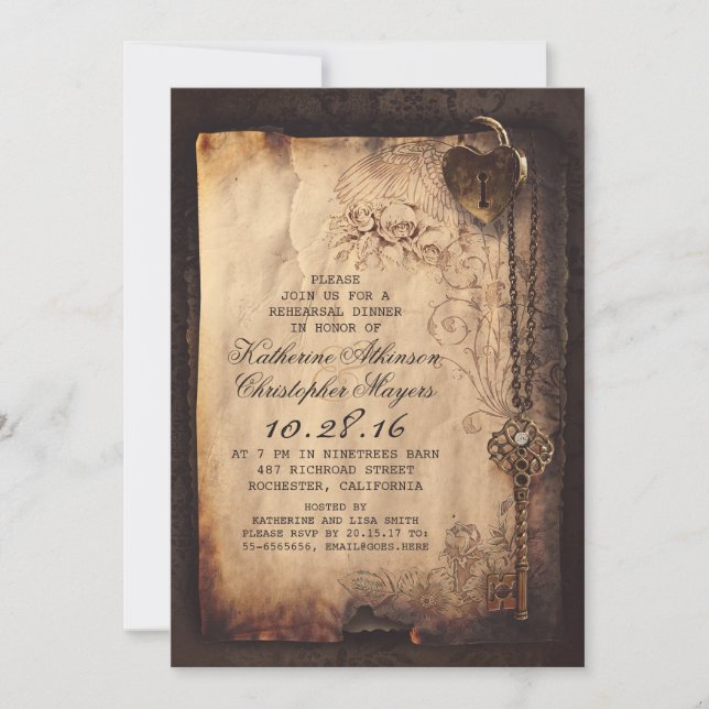 skeleton key heart lock rehearsal dinner invite (Front)