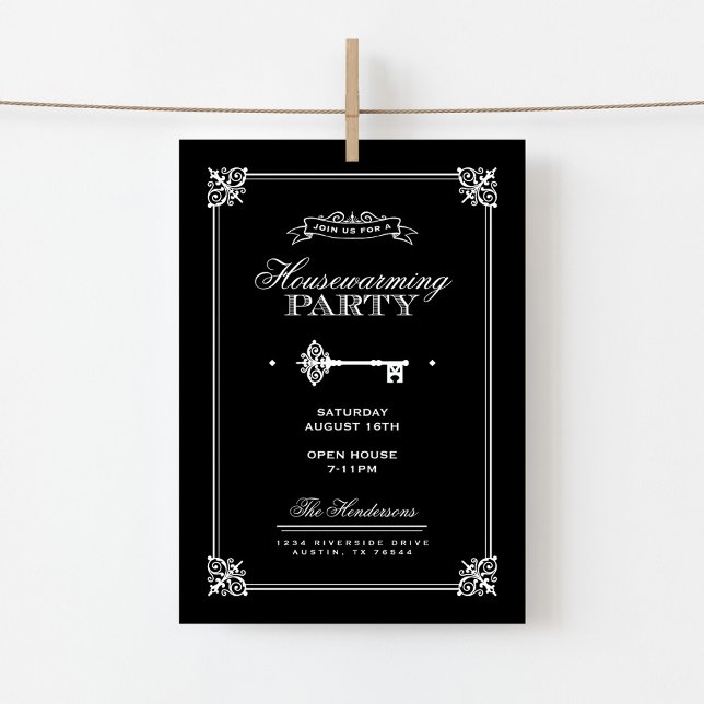 Skeleton Key Housewarming Party Black and White Invitation (Creator Uploaded)