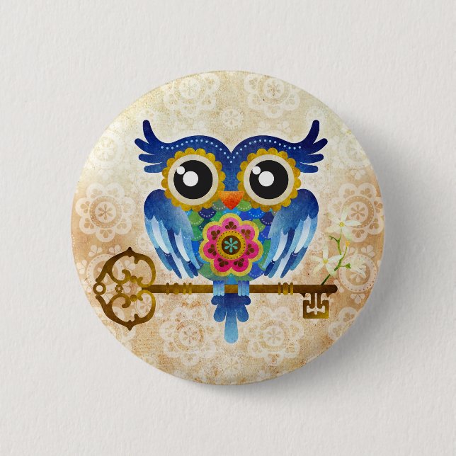 Skeleton Key Owl 6 Cm Round Badge (Front)