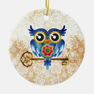 Skeleton Key Owl Ceramic Tree Decoration