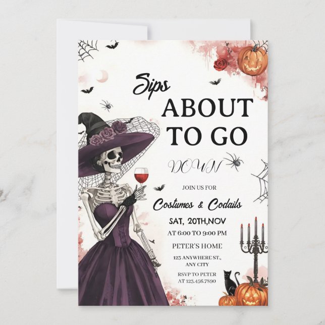Skeleton Lady Halloween Cocktail Party Invitation (Front)