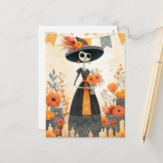 Skeleton Lady La Catrina Day of the Dead Holiday Postcard