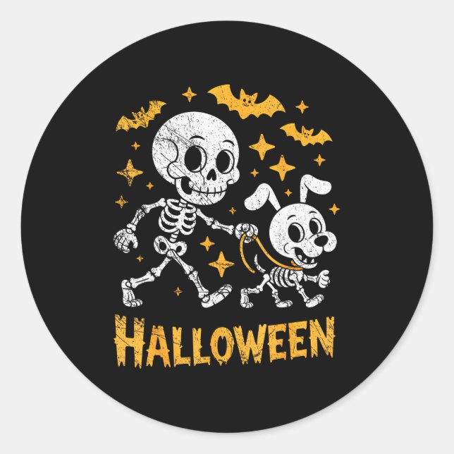 Skeleton Leads Dog Funny Skull Pet For Halloween C Classic Round Sticker (Front)