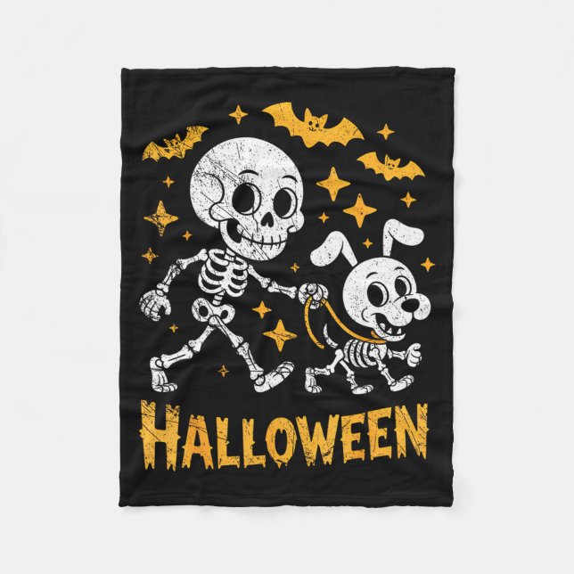 Skeleton Leads Dog Funny Skull Pet For Halloween C Fleece Blanket (Front)