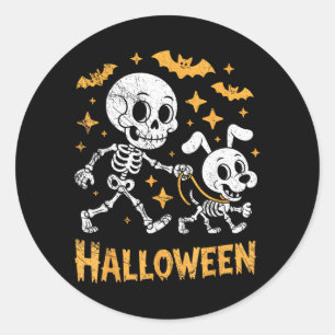 Skeleton Leads Dog Funny Skull Pet For Halloween Classic Round Sticker