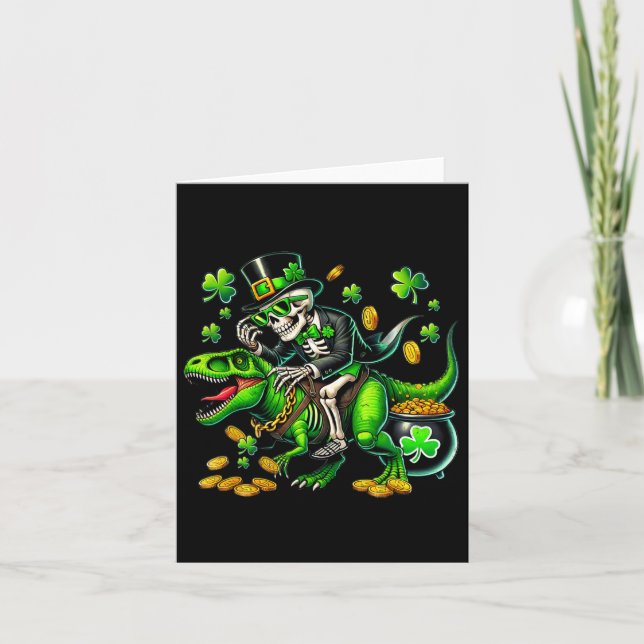 Skeleton Leperchaun Skeleton Riding Trex St Patric Card (Front)