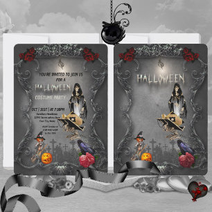 Skeleton little witch and crow invitation