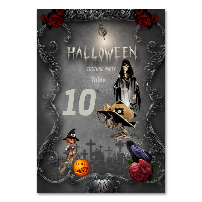 Skeleton little witch and crow table number (Front)