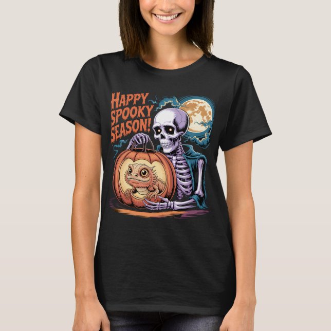 Skeleton & Lizard Pumpkin Halloween Art T-Shirt (Front)