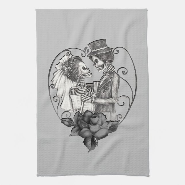 Skeleton Love Couple Marriage Dance Any Colour Tea Towel (Vertical)