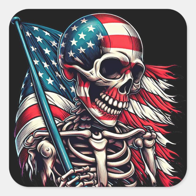 Skeleton Man Tattered American USA Flag patriotic Square Sticker (Front)