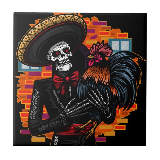 Skeleton Mariachi with Rooster Tile (Front)