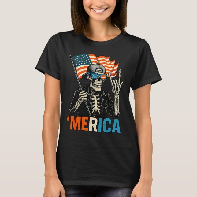 Skeleton Merica Rock American Flag Patriotic Usa 4 T-Shirt (Front)