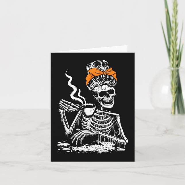 Skeleton Messy Bun Coffee Drinking Halloween Costu Card (Front)