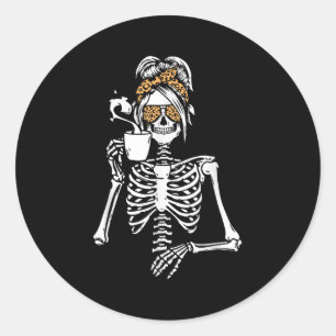 Skeleton Messy Bun Coffee Drinking Halloween Costu Classic Round Sticker