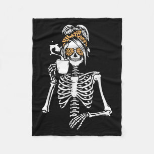 Skeleton Messy Bun Coffee Drinking Halloween Costu Fleece Blanket