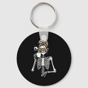 Skeleton Messy Bun Coffee Drinking Halloween Costu Key Ring