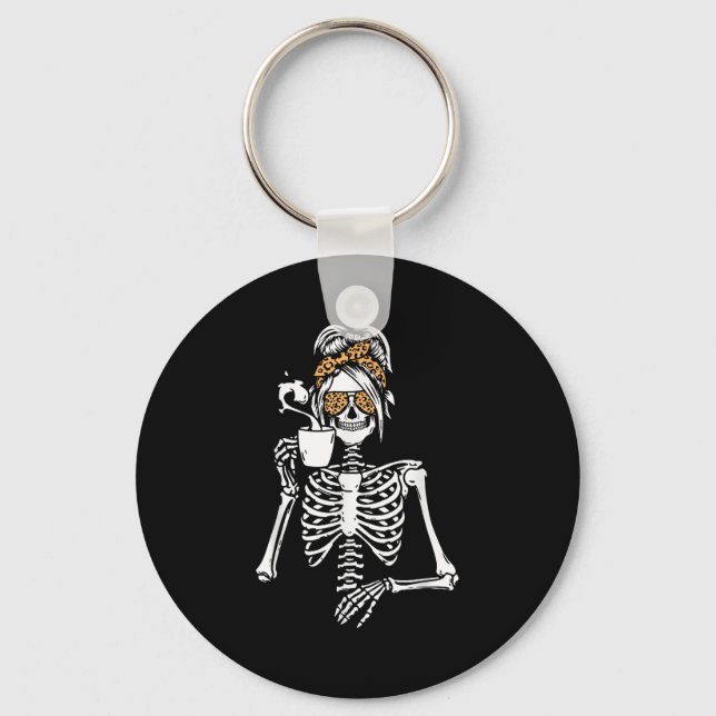 Skeleton Messy Bun Coffee Drinking Halloween Costu Key Ring (Front)