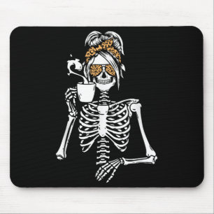 Skeleton Messy Bun Coffee Drinking Halloween Costu Mouse Mat