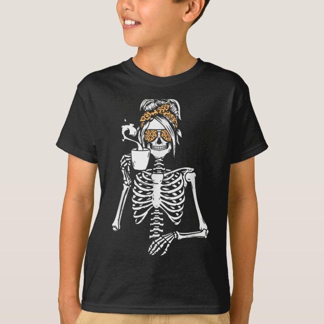 Skeleton Messy Bun Coffee Drinking Halloween Costu T-Shirt (Front)