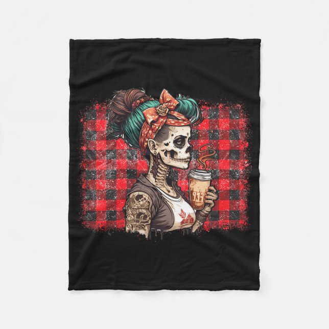 Skeleton Messy Bun Coffee Funny Costume Mum Women  Fleece Blanket (Front)