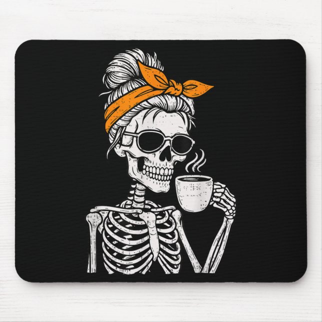 Skeleton Messy Bun Drinking Coffee Halloween Costu Mouse Mat (Front)