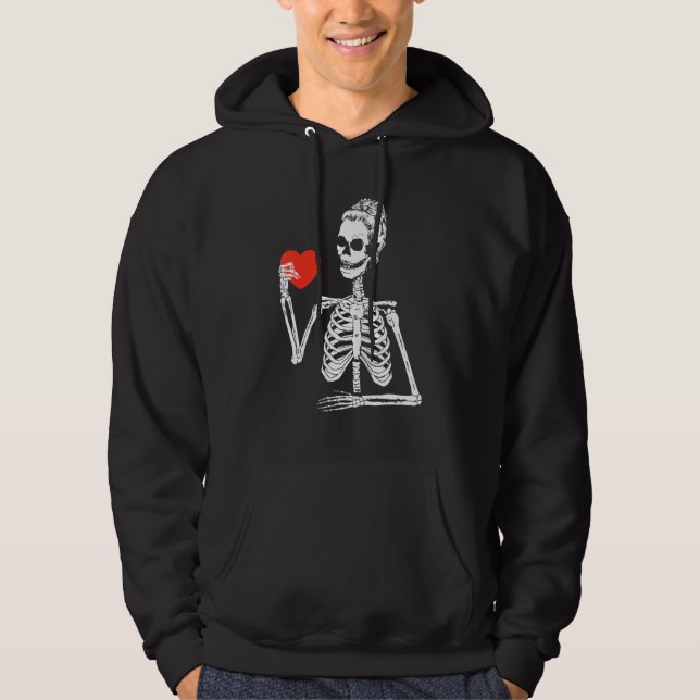 Skeleton Messy Bun Heart Valentines Day Bones Skul Hoodie (Front)