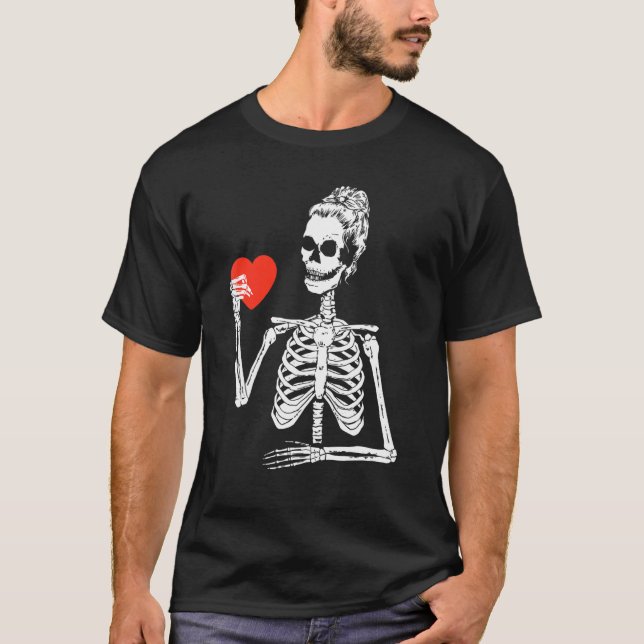 Skeleton Messy Bun Heart Valentines Day Bones Skul T-Shirt (Front)