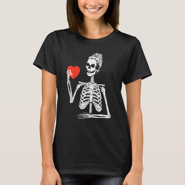 Skeleton Messy Bun Heart Valentines Day Bones Skul T-Shirt (Front)