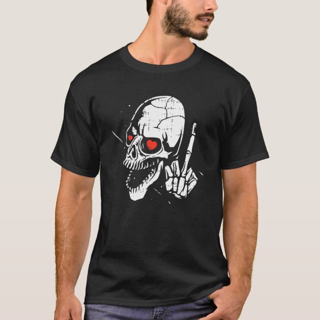 Skeleton Middle Finger Heart Valentines Day Skull  T-Shirt (Front)