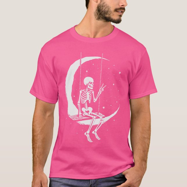 Skeleton Moon Swing Rock On Rock And Roll Graphic T-Shirt (Front)