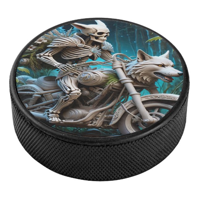 skeleton on a chopper mounted with a wolf head hockey puck (3/4)