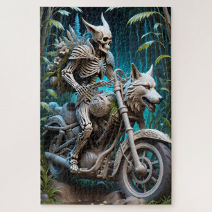 skeleton on a chopper mounted with a wolf head jigsaw puzzle