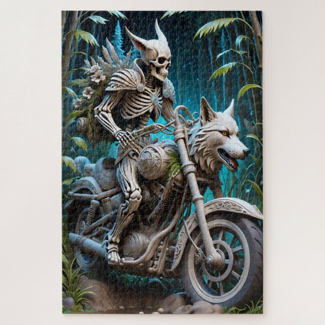 skeleton on a chopper mounted with a wolf head jigsaw puzzle (Vertical)