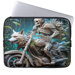skeleton on a chopper mounted with a wolf head laptop sleeve