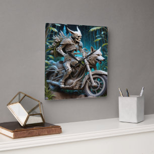 skeleton on a chopper mounted with a wolf head square wall clock