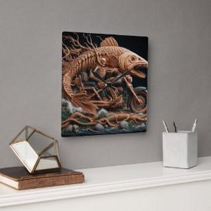 skeleton on a chopper mounted with a wolf head square wall clock