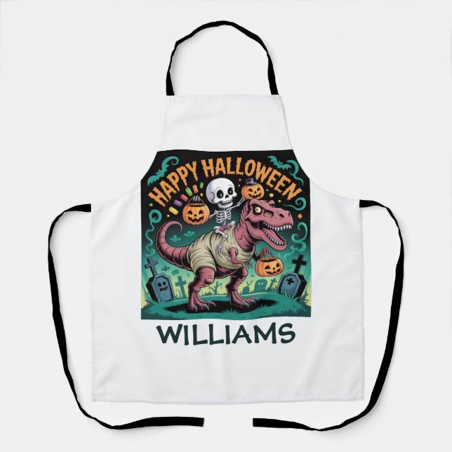 Skeleton on Mummy T-Rex – Spooky Dino Rider Apron (Front)