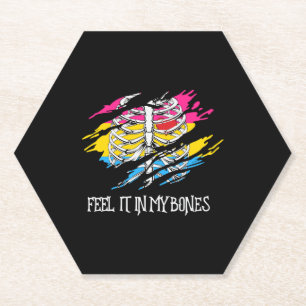 Skeleton on Pansexual Flag Colours Background Paper Coaster