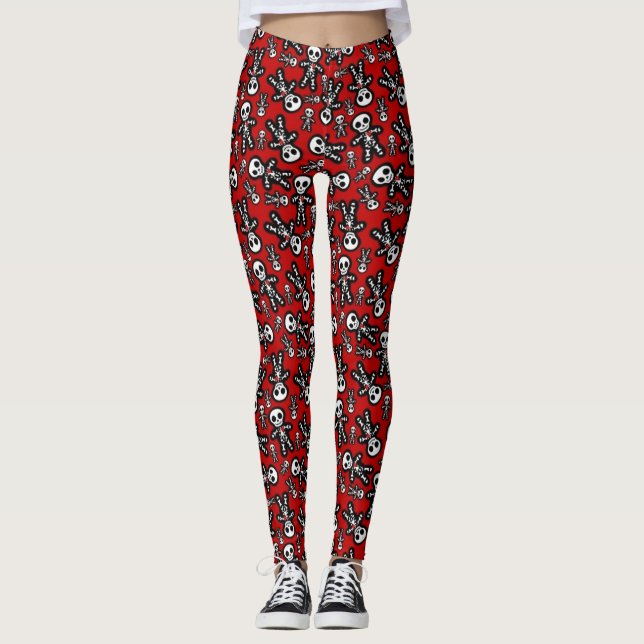 Skeleton on Red Background Leggings (Front)