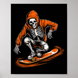 Skeleton Orange Hat Skater With Skateboard Hallowe Poster