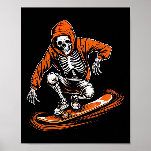 Skeleton Orange Hat Skater With Skateboard Hallowe Poster (Front)