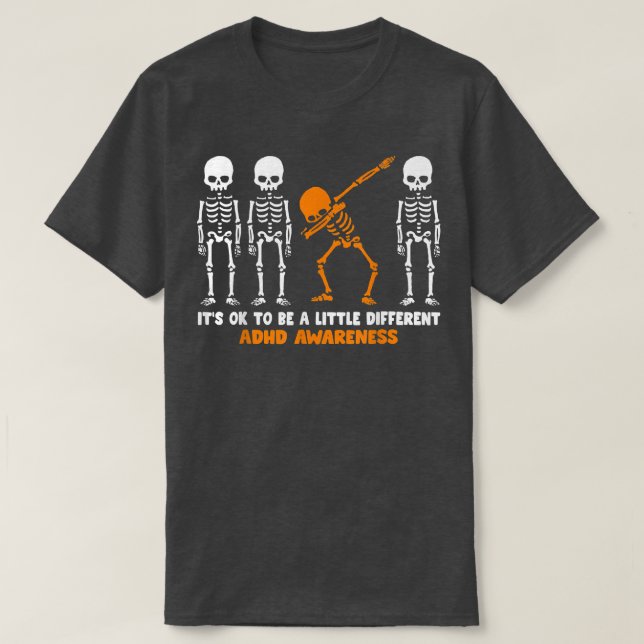 Skeleton Orange Ribbon ADHD Awareness Halloween  T-Shirt (Design Front)