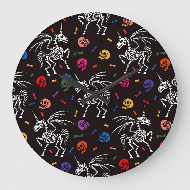 Skeleton Pegasus: colourful skulls pattern. Large Clock (Front)