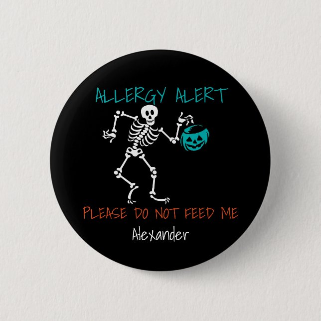 Skeleton Personalised Halloween Food Allergy Kids 6 Cm Round Badge (Front)