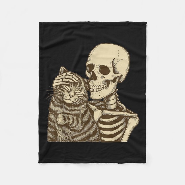 Skeleton Petting Cat Cute Halloween Men Boys  Fleece Blanket (Front)