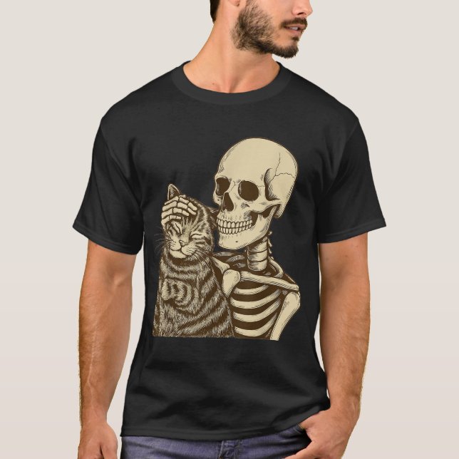 Skeleton Petting Cat Halloween Men Boys T-Shirt (Front)